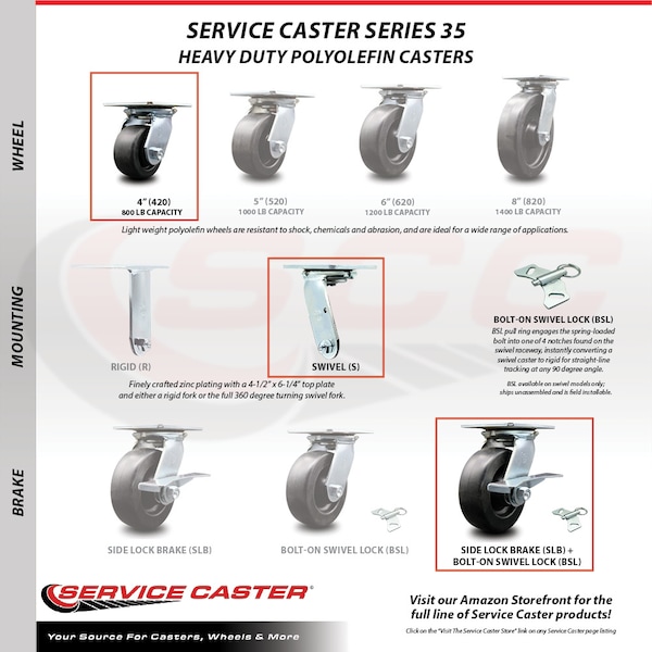 4 Inch Polyolefin Caster with Ball Bearing and Brake/Swivel Lock